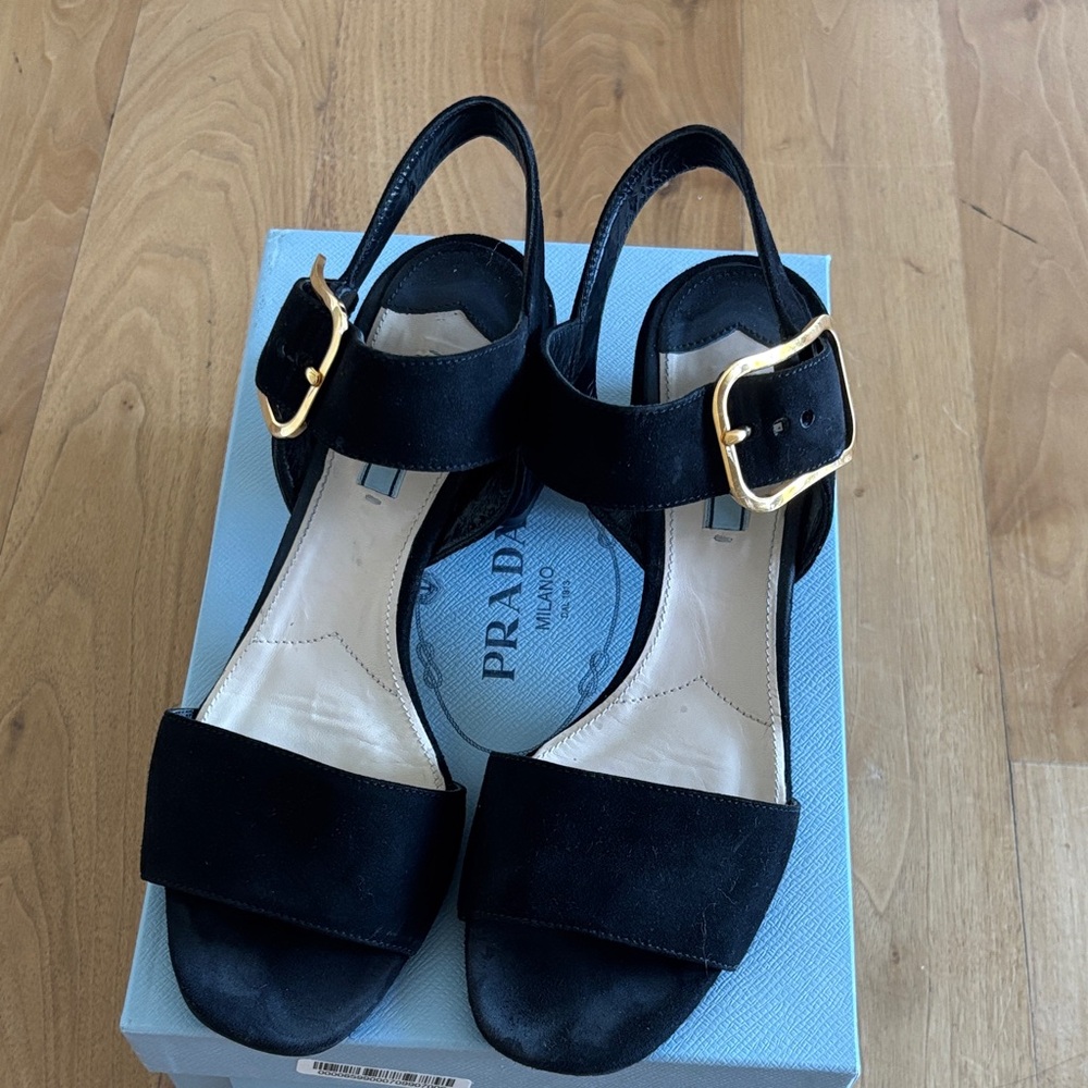 Prada Black Suede Sandals with Gold Accents